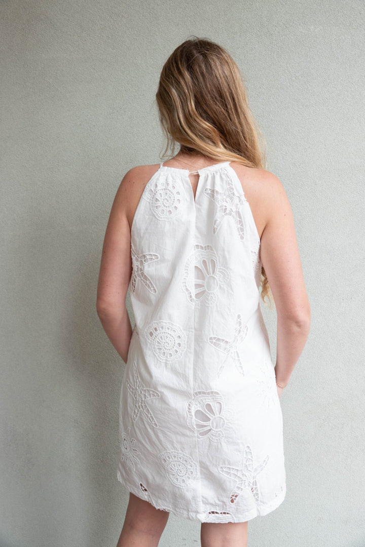 Eyelet Halter Mini Dress - White - Jaffi's