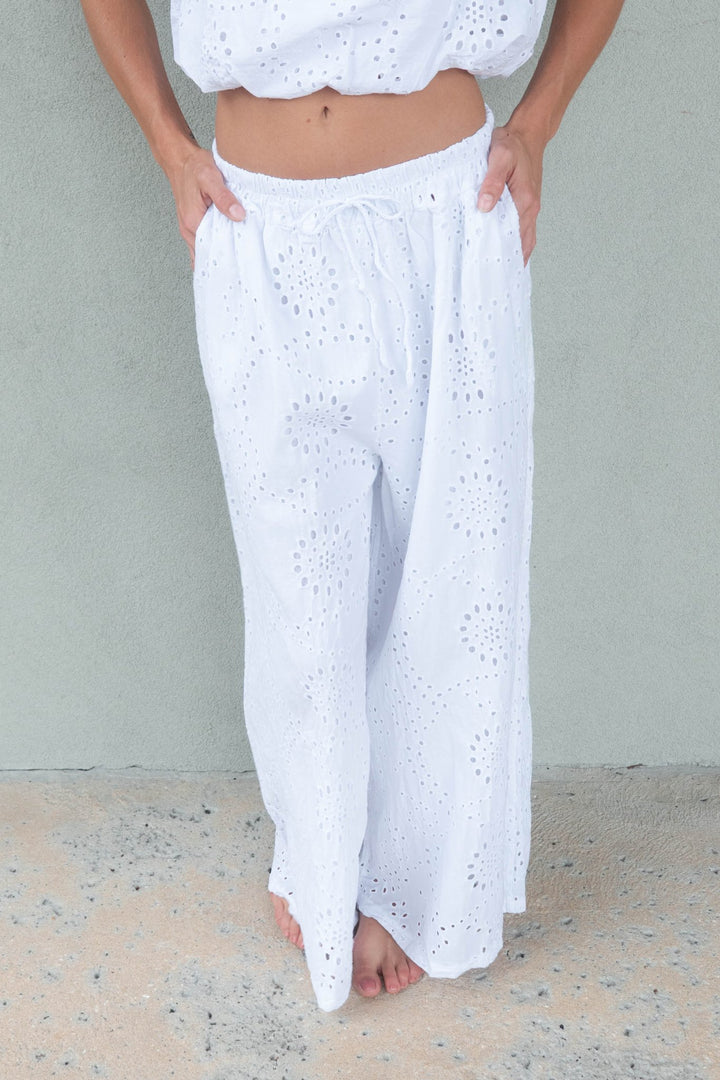 Eyelet Wide Leg Pant - White - Jaffi's