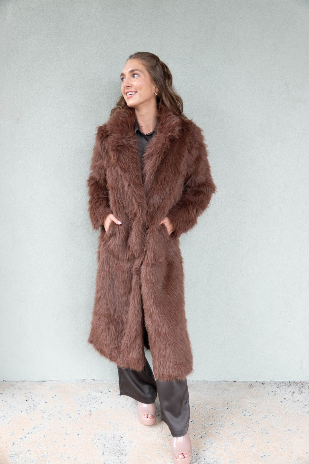 Faux Fur Long Jacket - Brown - Jaffi's
