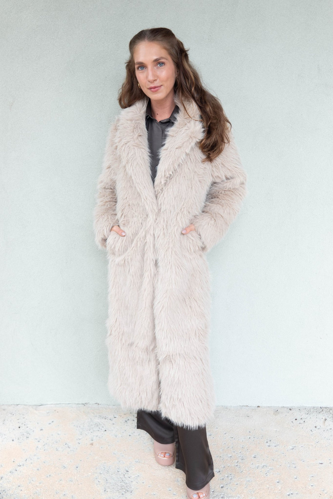 Faux Fur Long Jacket - Taupe - Jaffi's