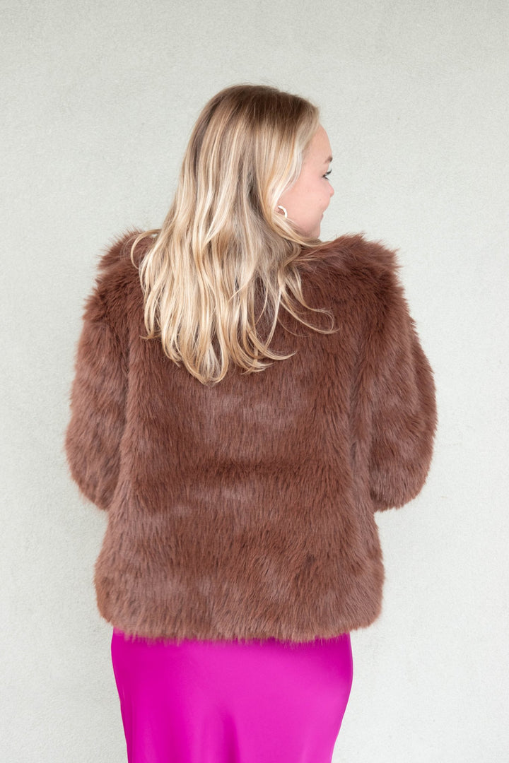 Faux Fur Short Jacket - Brown - Jaffi&