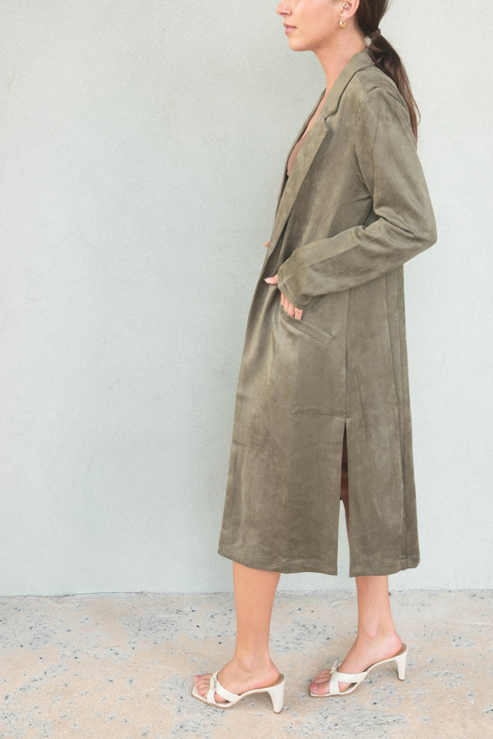 Faux Suede Duster - Olive - Jaffi's