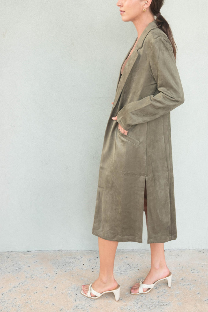 Faux Suede Duster - Olive - Jaffi's