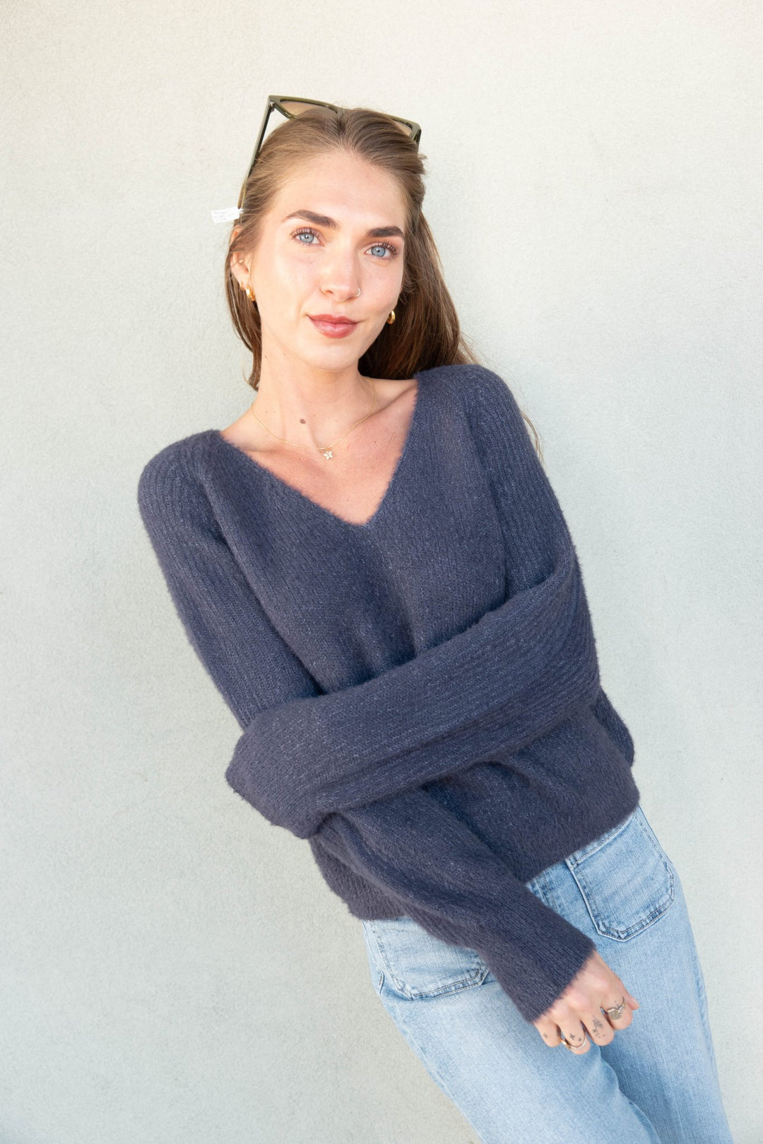 Filomena V Neck Sweater - Smoke - Jaffi&