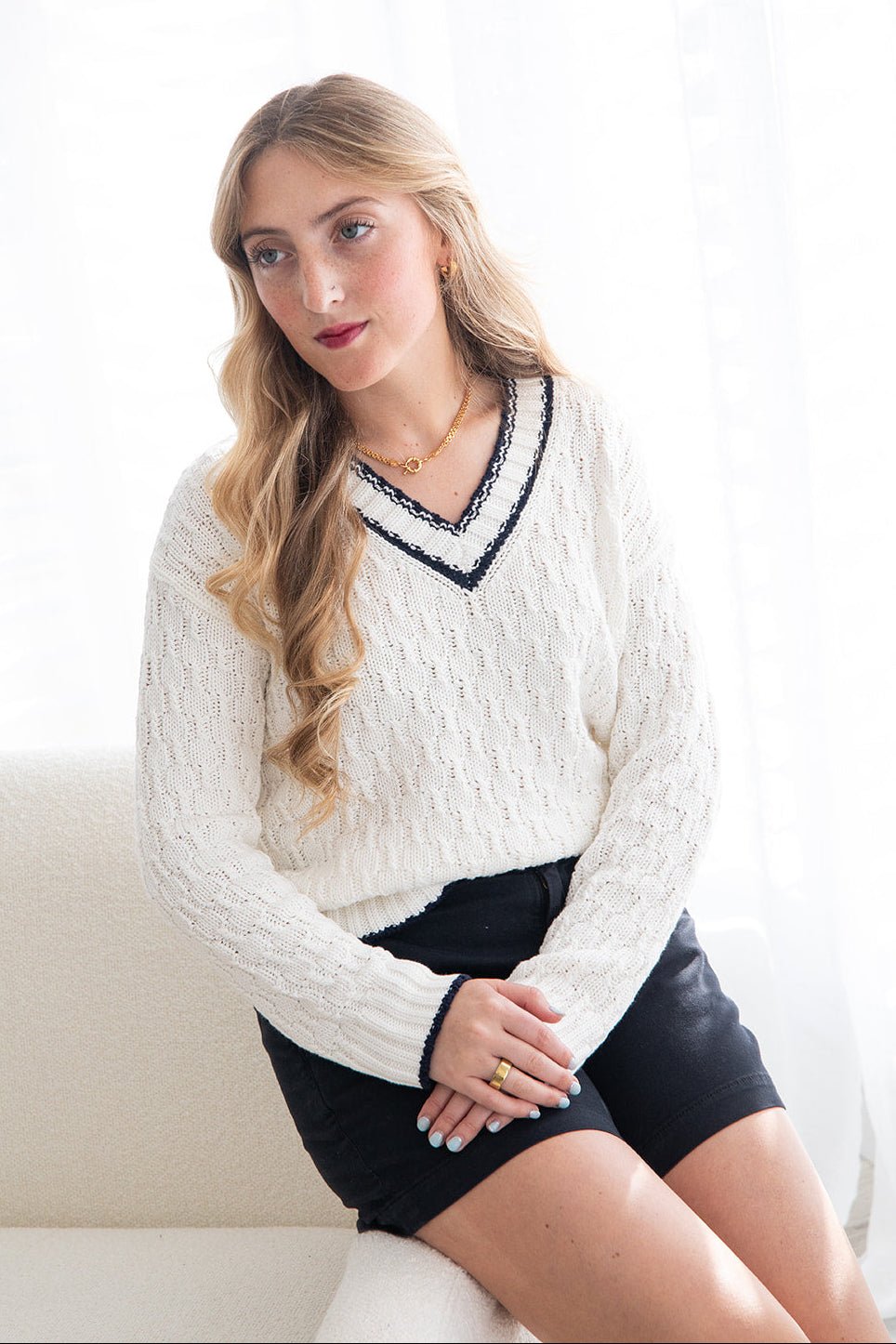 Flannery V Neck Sweater - Chalk Combo - Jaffi's
