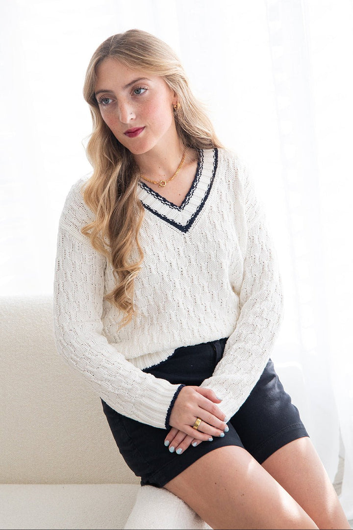 Flannery V Neck Sweater - Chalk Combo - Jaffi's