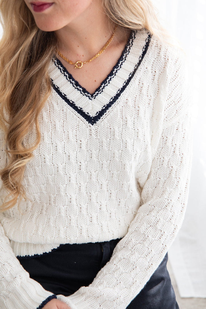 Flannery V Neck Sweater - Chalk Combo - Jaffi's