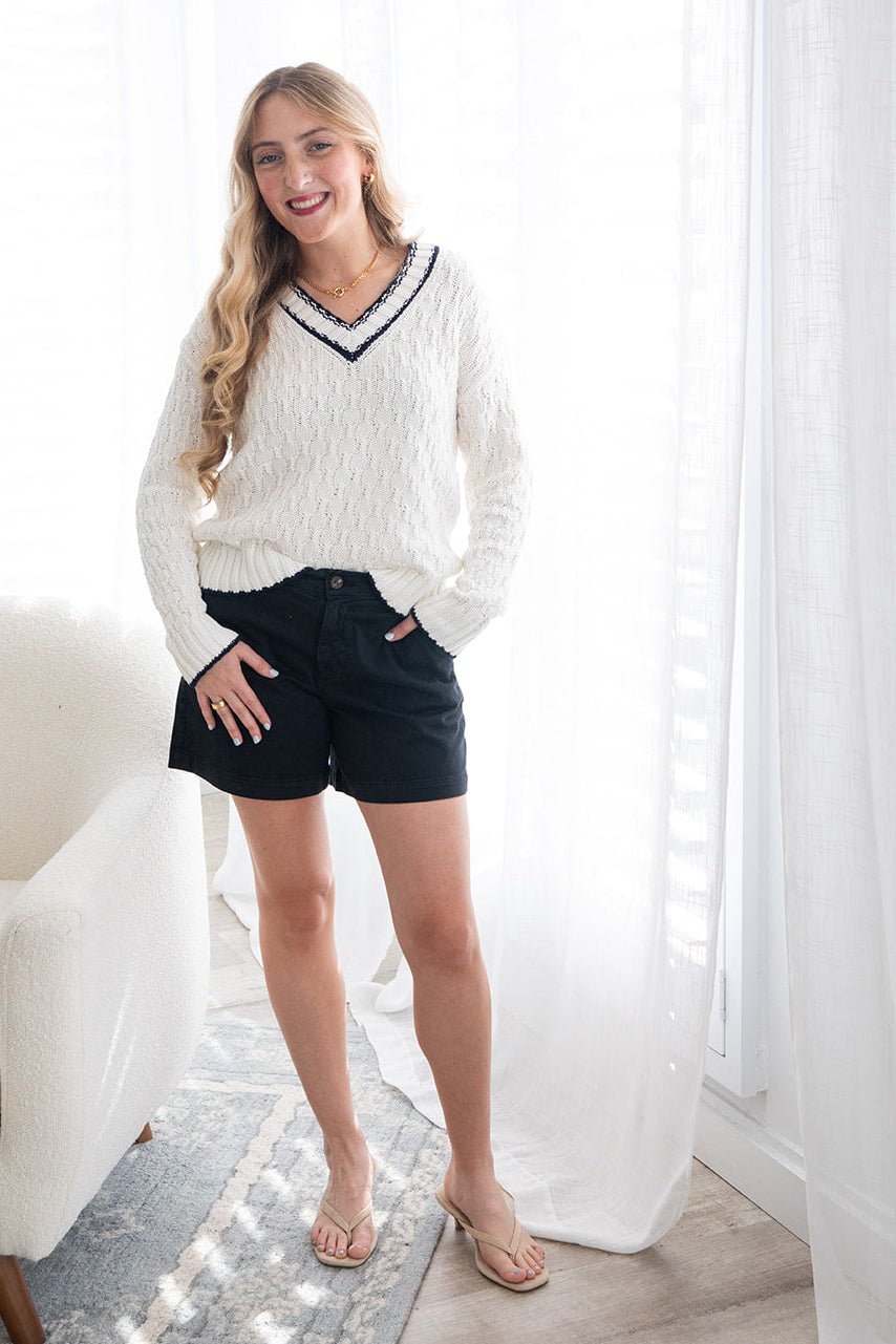 Flannery V Neck Sweater - Chalk Combo - Jaffi's