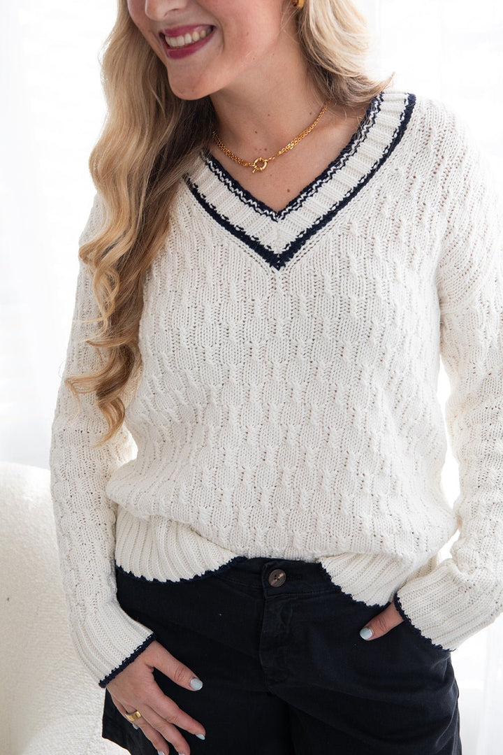 Flannery V Neck Sweater - Chalk Combo - Jaffi's