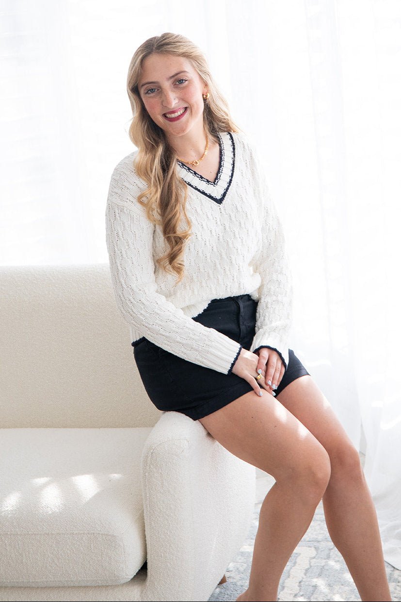 Flannery V Neck Sweater - Chalk Combo - Jaffi's