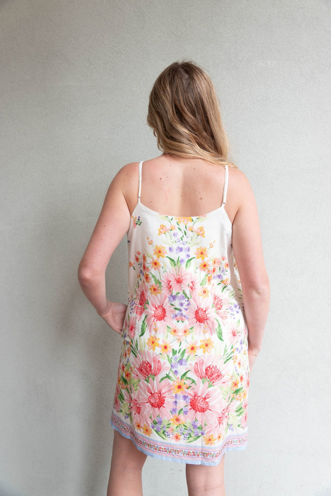 Floral Border Print Mini Dress - Cream Multi - Jaffi's