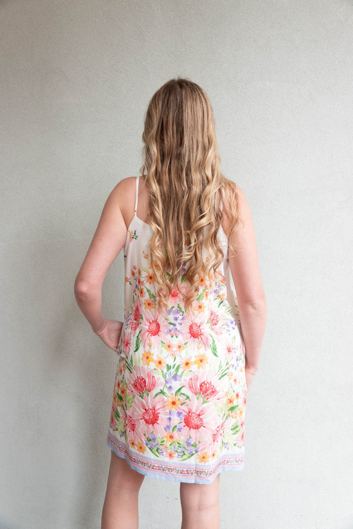 Floral Border Print Mini Dress - Cream Multi - Jaffi's