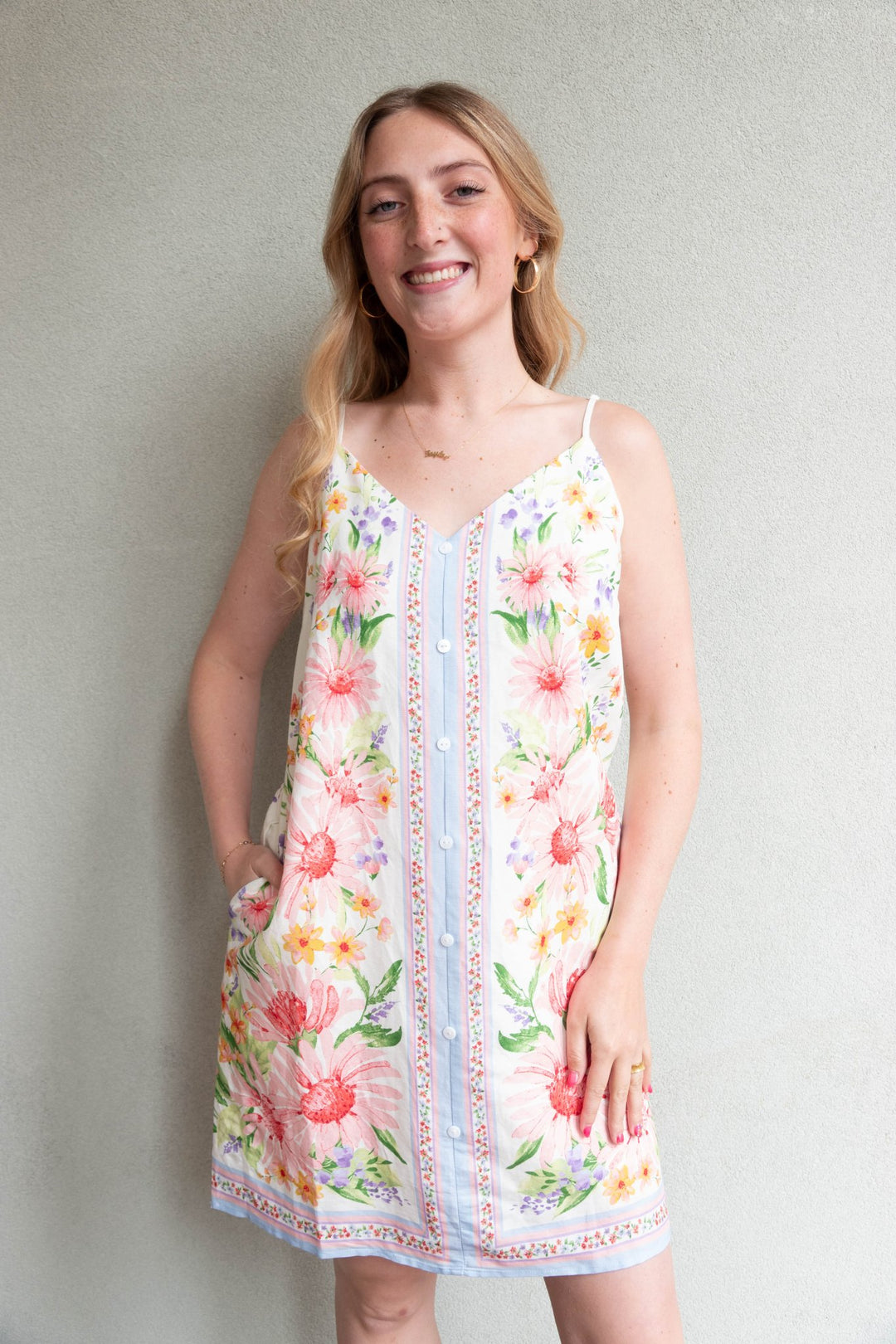 Floral Border Print Mini Dress - Cream Multi - Jaffi's