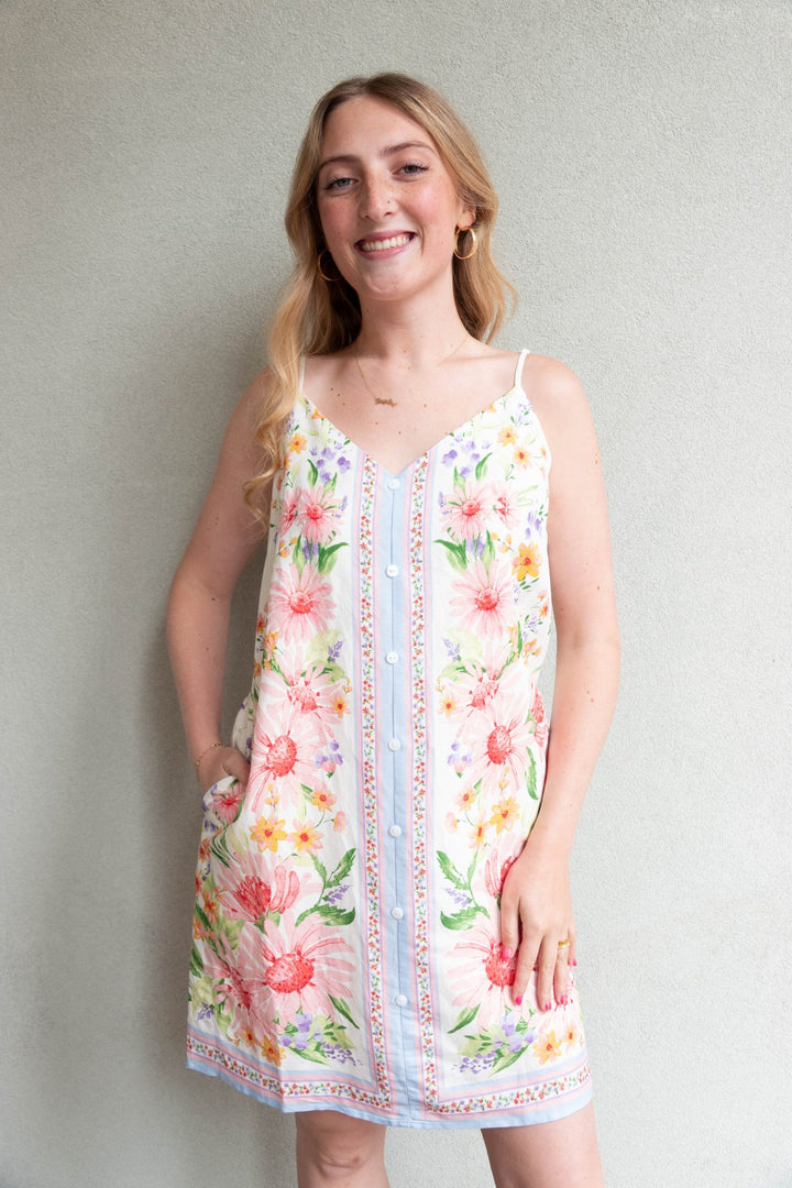 Floral Border Print Mini Dress - Cream Multi - Jaffi's