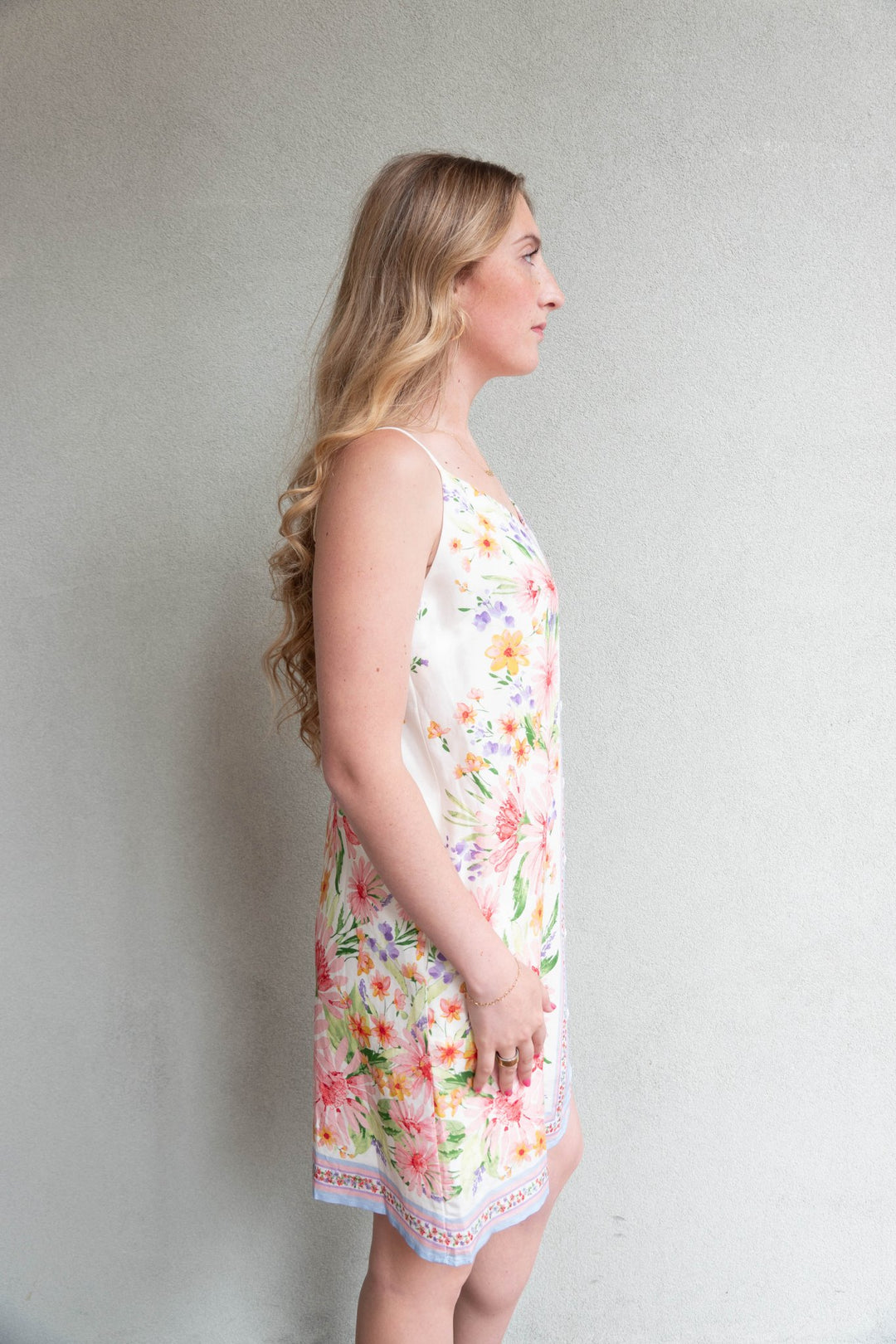 Floral Border Print Mini Dress - Cream Multi - Jaffi's