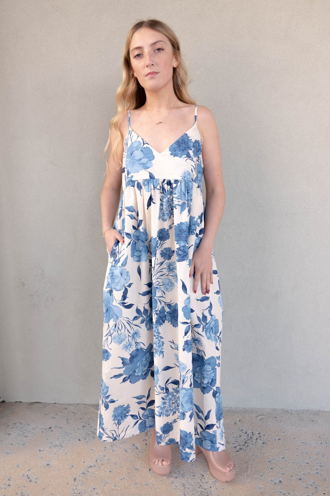 Floral Midi Dress - Cream Blue - Jaffi's