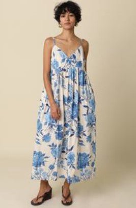 Floral Midi Dress - Cream Blue - Jaffi's