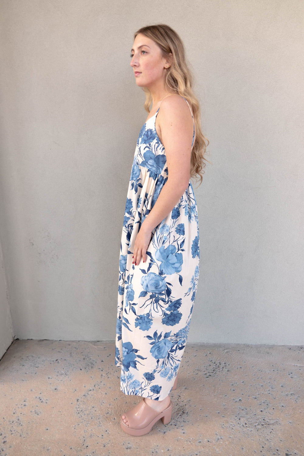 Floral Midi Dress - Cream Blue - Jaffi's