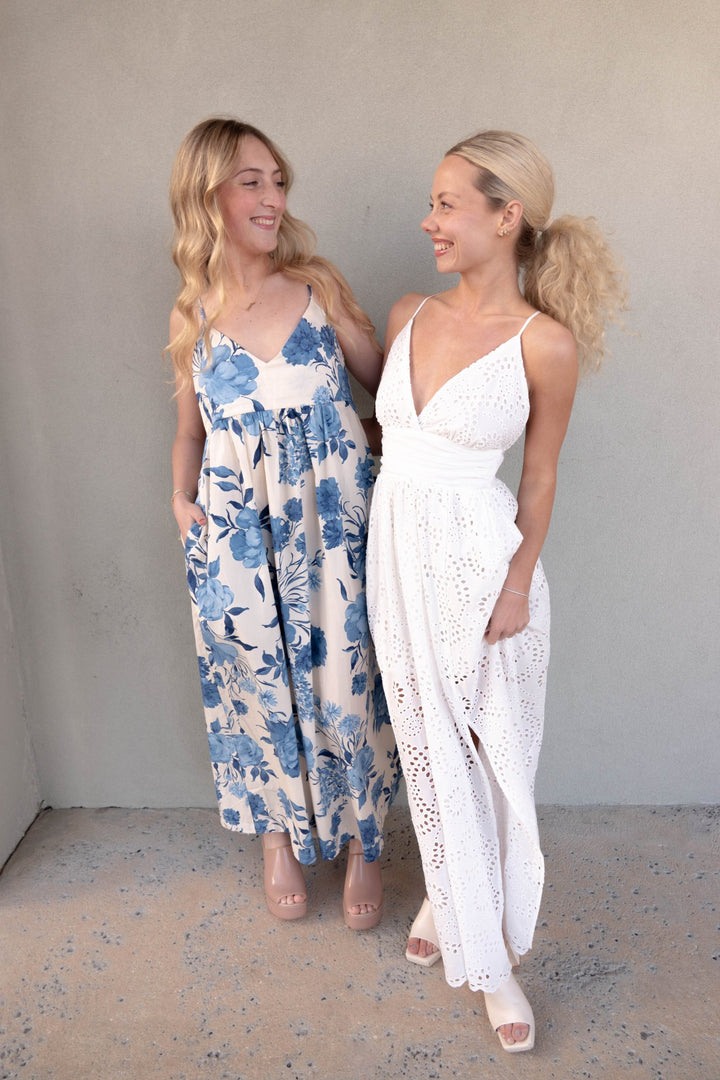 Floral Midi Dress - Cream Blue - Jaffi's