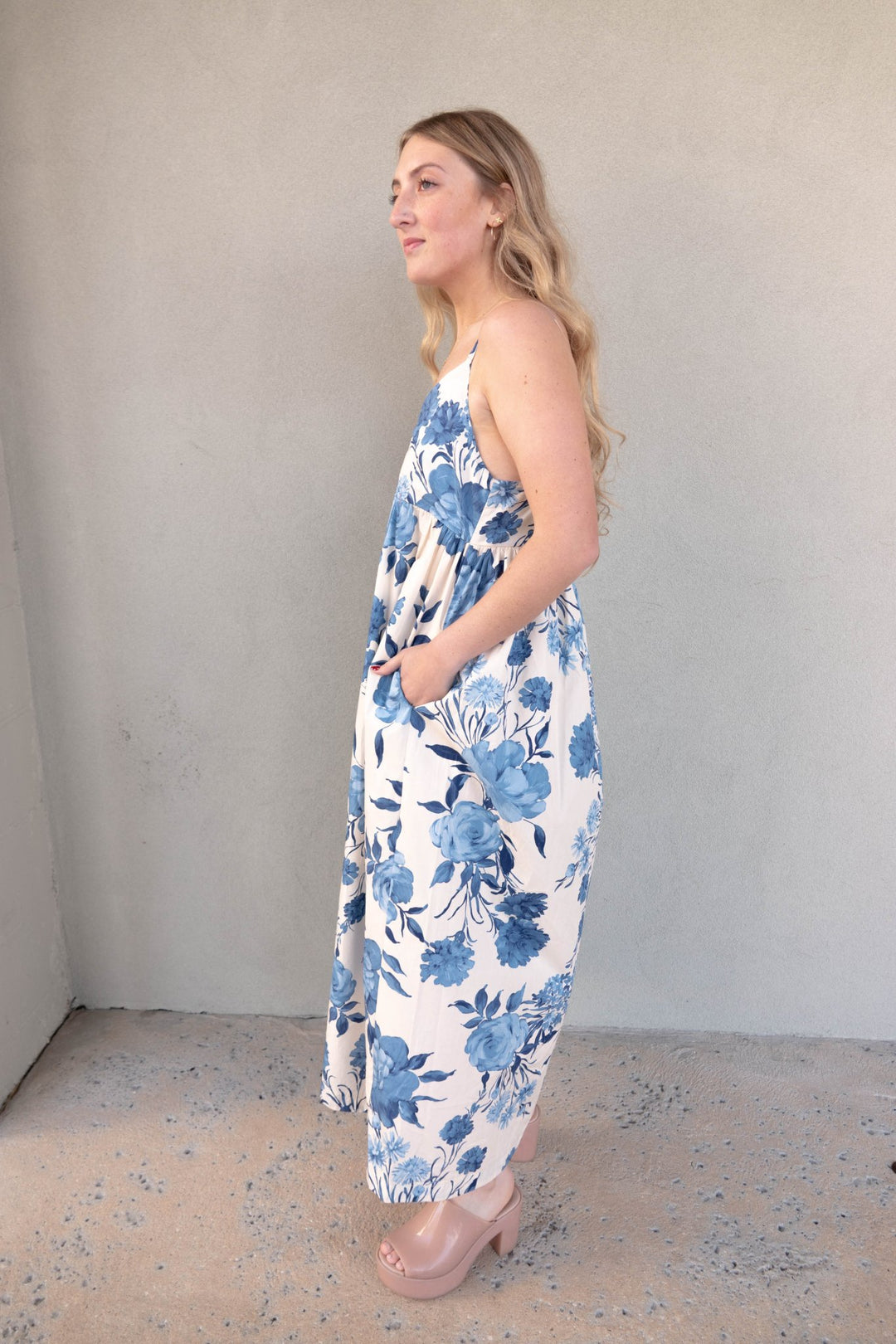 Floral Midi Dress - Cream Blue - Jaffi's