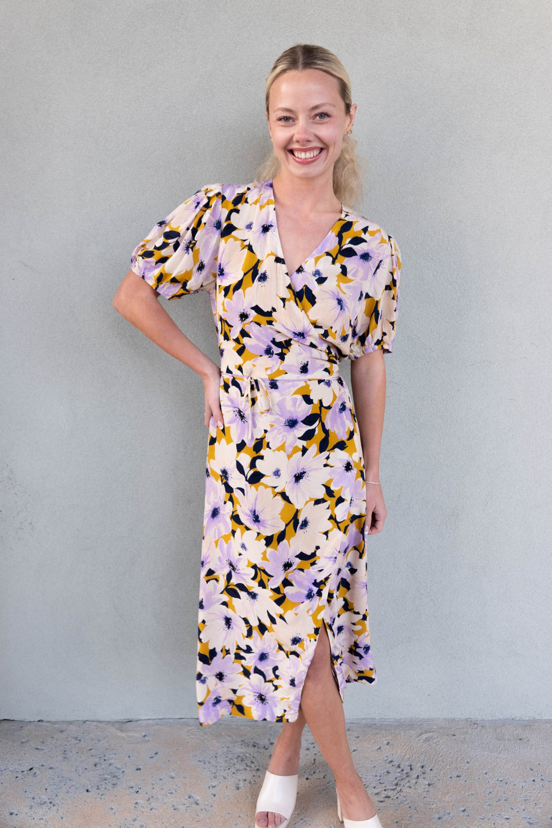 Floral Midi Wrap Dress - Lavender/Mustard - Jaffi's