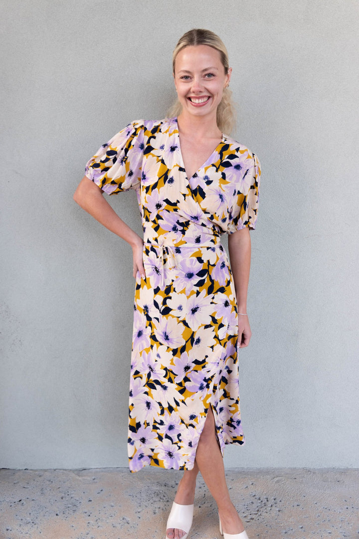 Floral Midi Wrap Dress - Lavender/Mustard - Jaffi's