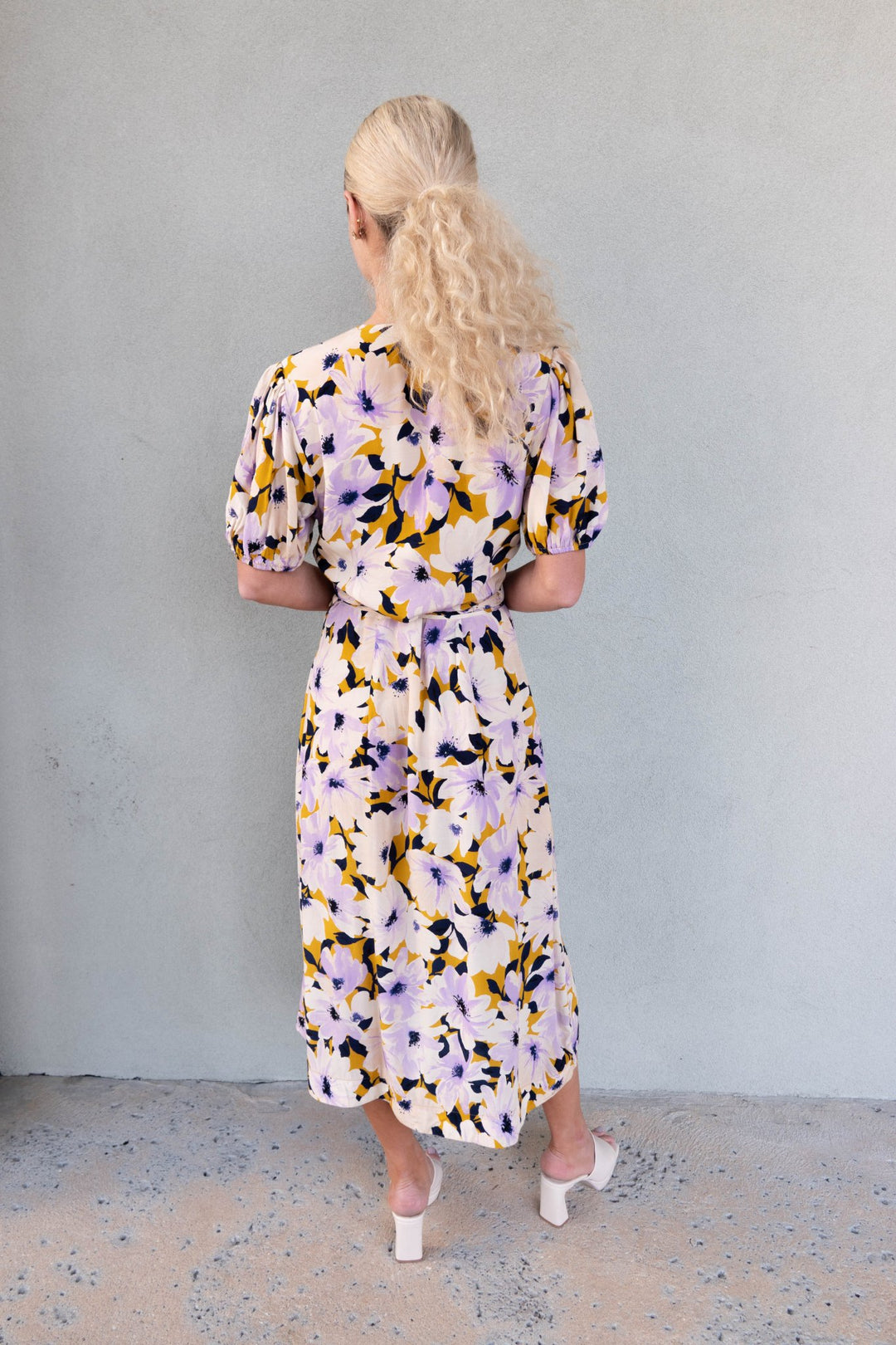 Floral Midi Wrap Dress - Lavender/Mustard - Jaffi's