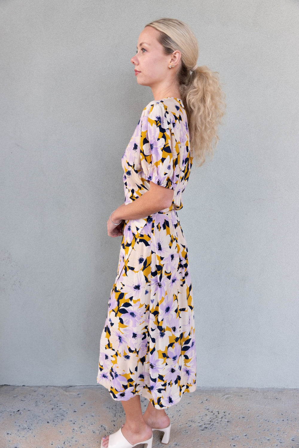 Floral Midi Wrap Dress - Lavender/Mustard - Jaffi's