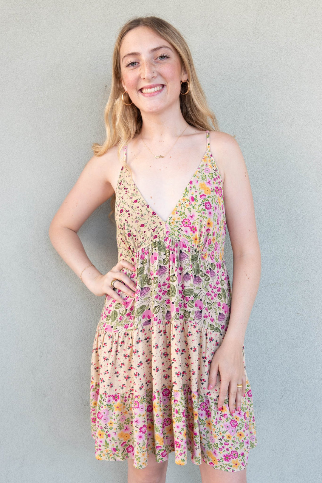 Floral Patch Tank Dress - Beige - Jaffi's