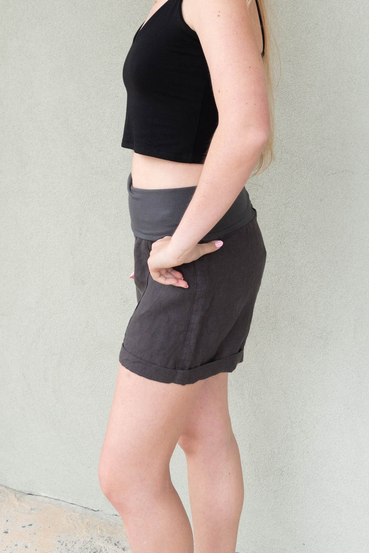 Fold Over Linen Short - Caviar - Jaffi's