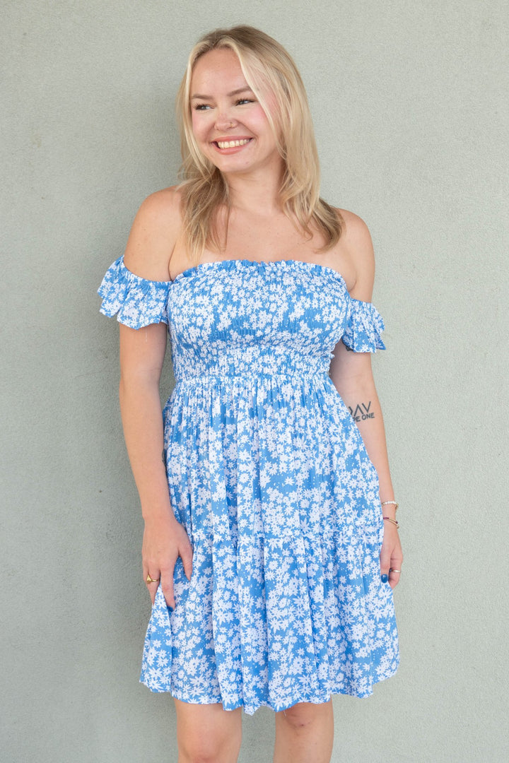 French Mini Dress - Scattered Daisy Sky - Jaffi&