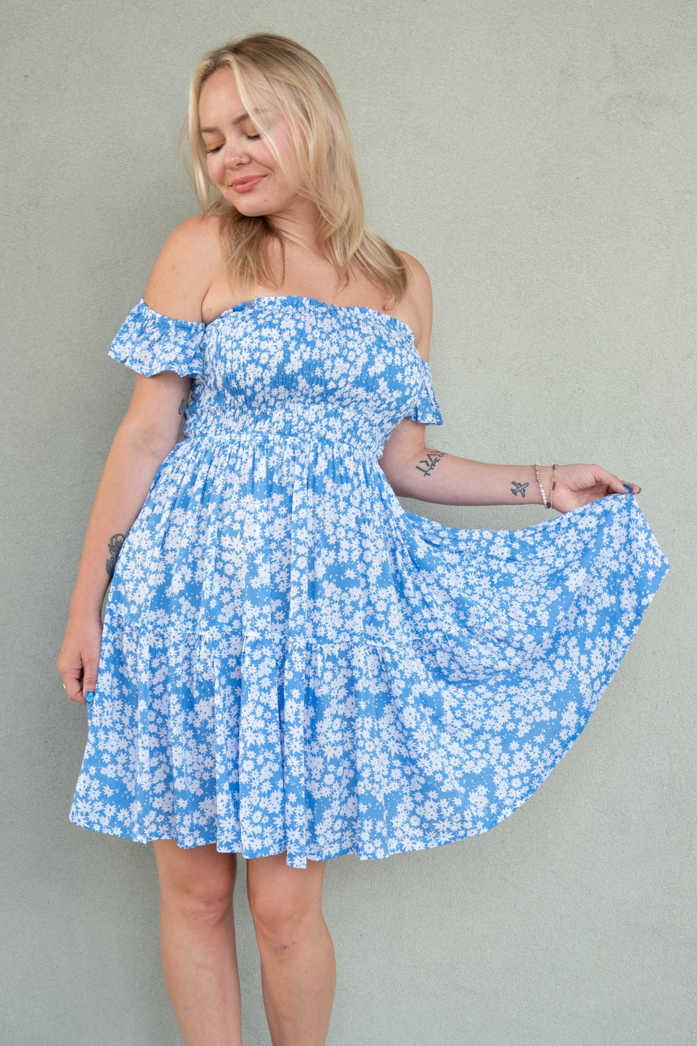 French Mini Dress - Scattered Daisy Sky - Jaffi's
