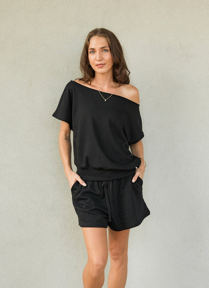 French Terry Off The Shoulder Sweatshirt - Black - Jaffi&
