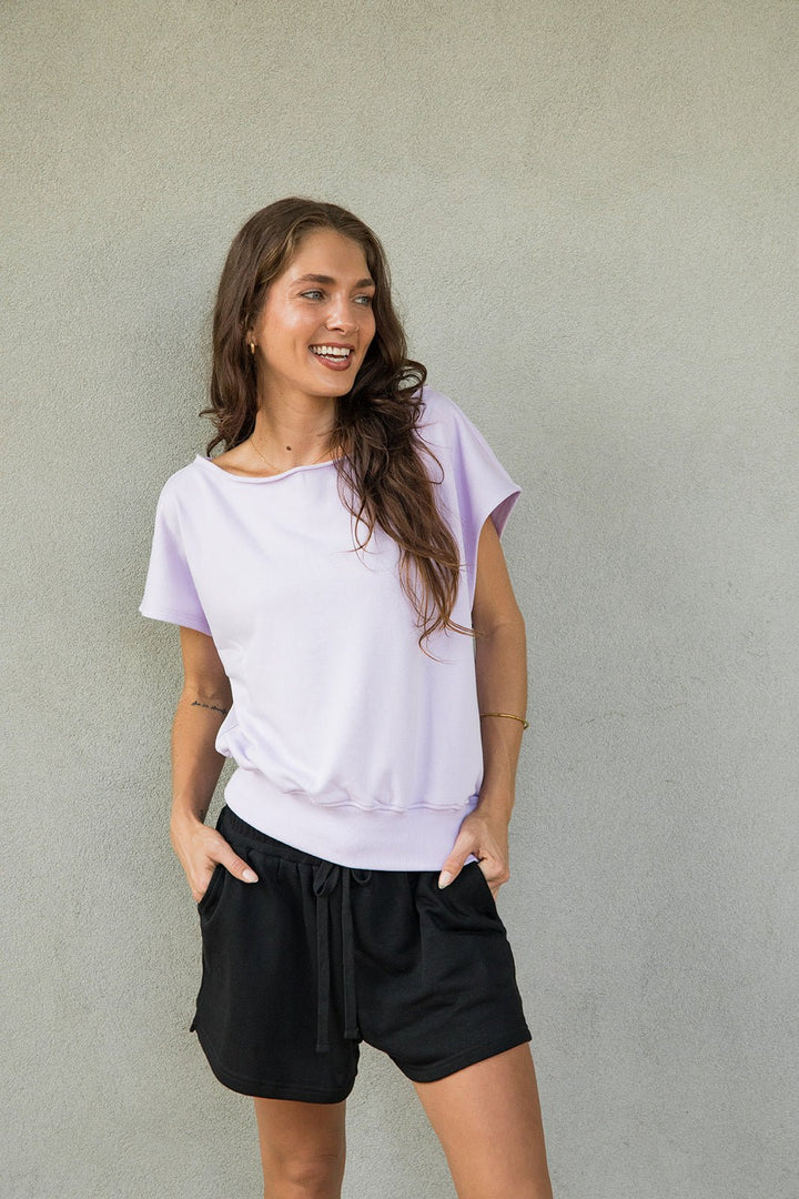 French Terry Off The Shoulder Sweatshirt - Sweet Lavender - Jaffi&