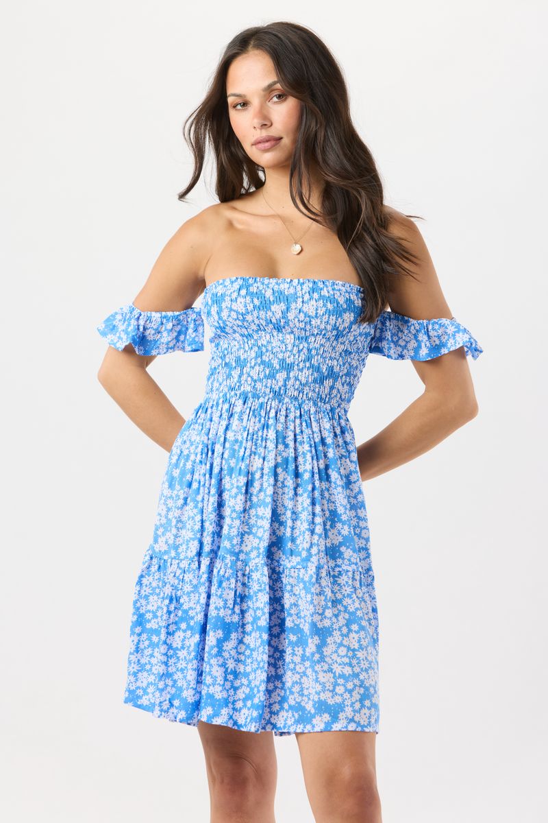 French Mini Dress - Scattered Daisy Sky