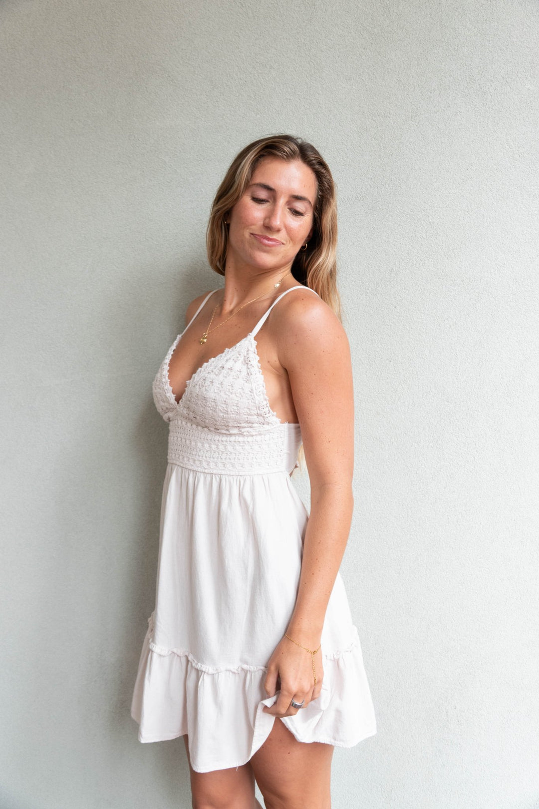 Gemma Chochet Bodice Mini Dress - Beige - Jaffi's