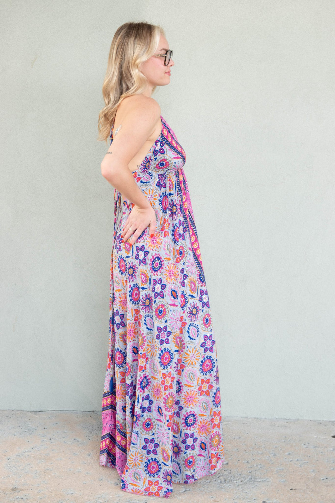 Halter Tie Back Maxi Dress - Multi Gold Foil Floral - Jaffi's