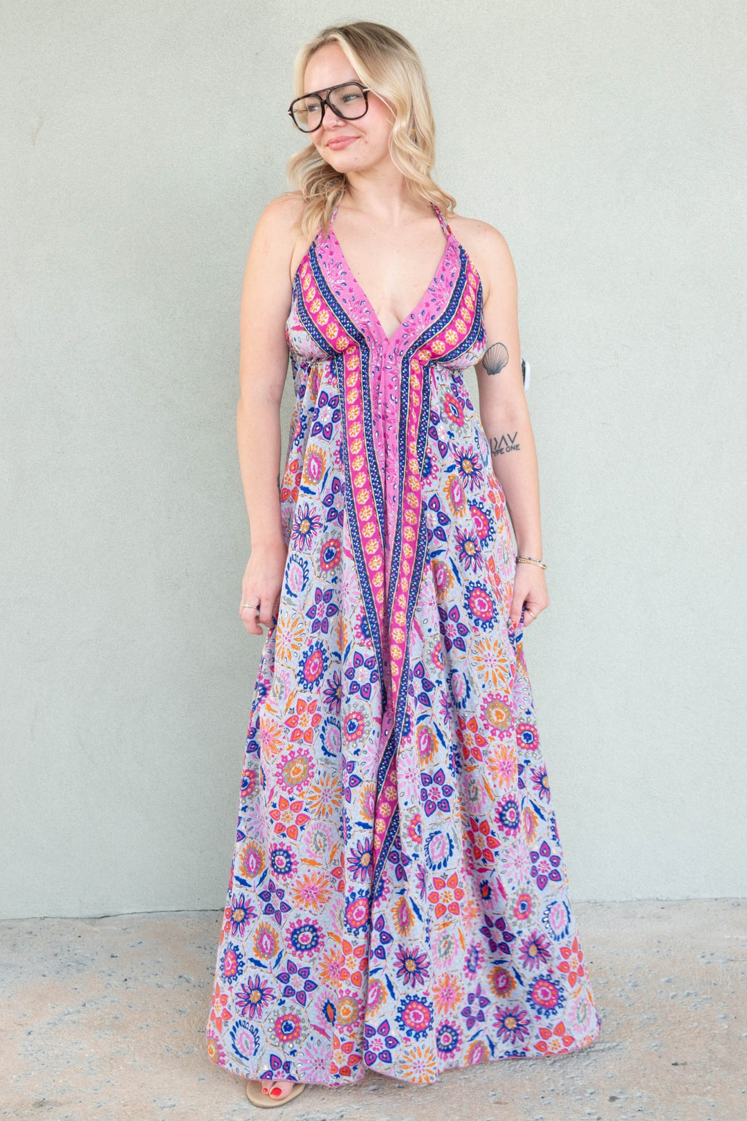 Halter Tie Back Maxi Dress - Multi Gold Foil Floral - Jaffi's