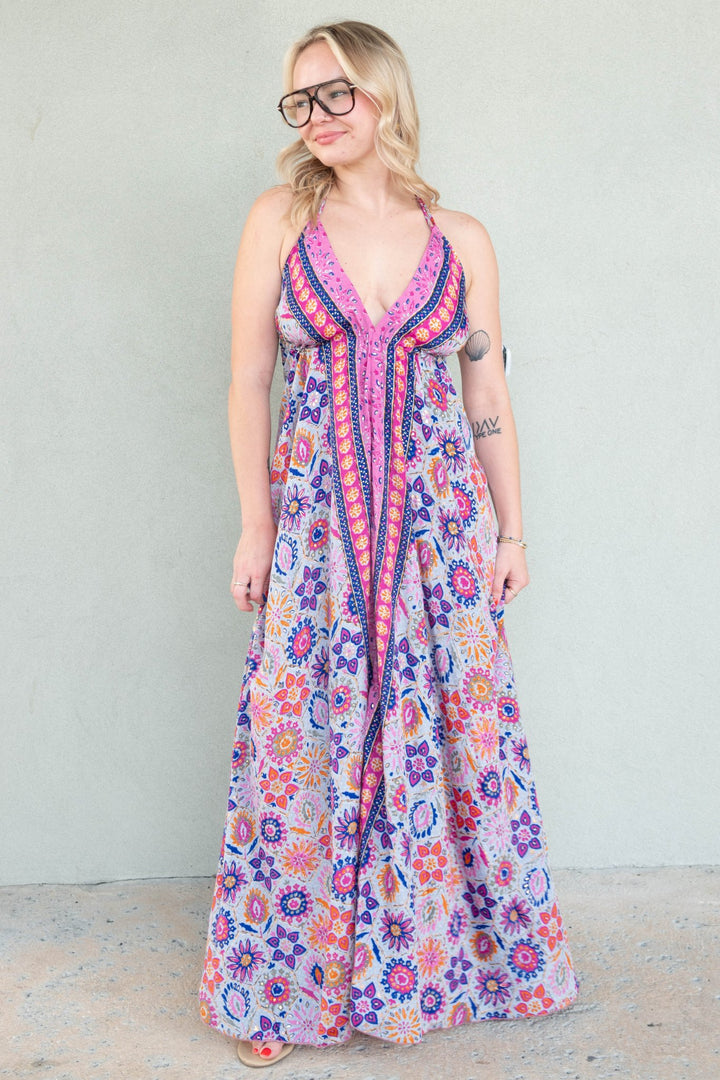 Halter Tie Back Maxi Dress - Multi Gold Foil Floral - Jaffi's