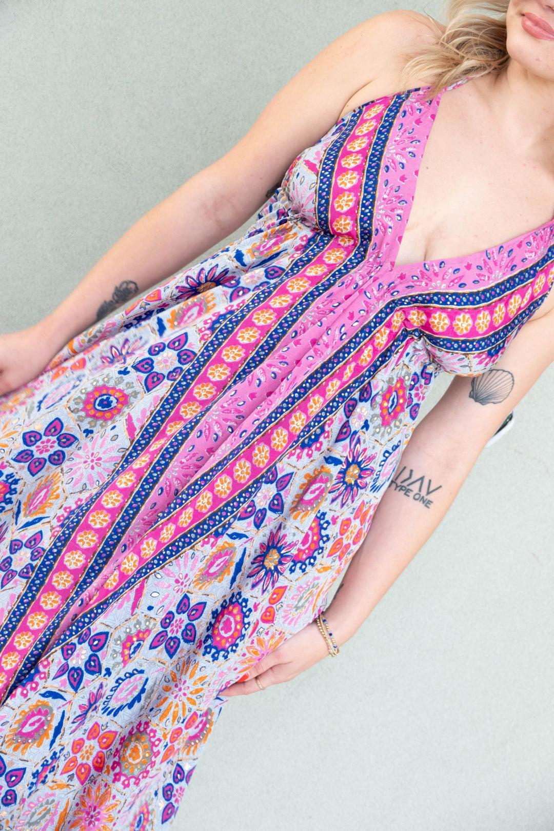 Halter Tie Back Maxi Dress - Multi Gold Foil Floral - Jaffi's