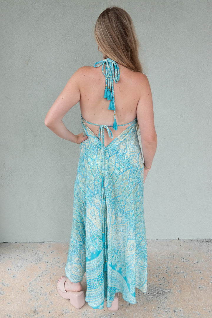 Halter Tie Back Maxi Dress - Turquoise Gold Foil Paisley - Jaffi's