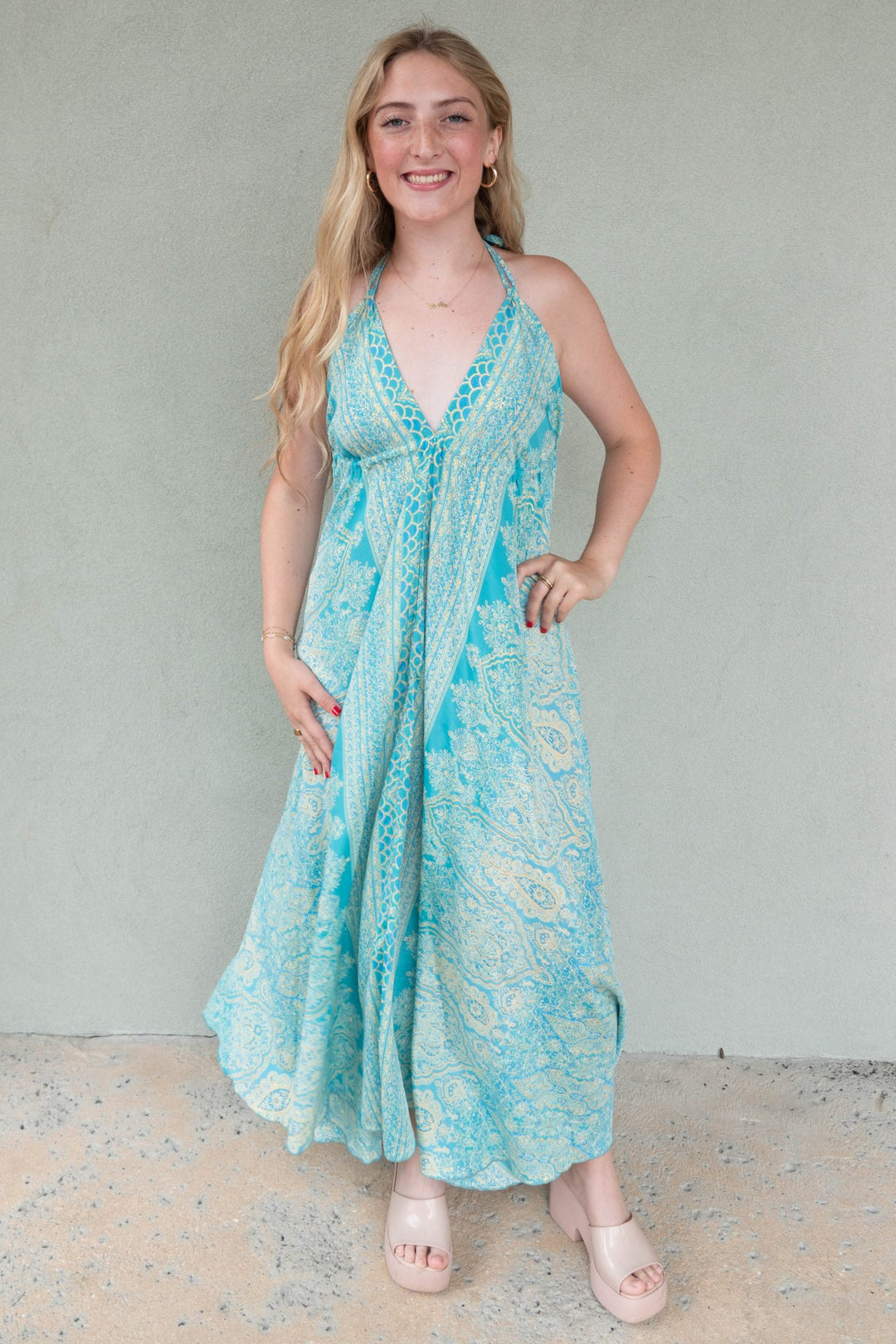 Halter Tie Back Maxi Dress - Turquoise Gold Foil Paisley - Jaffi's