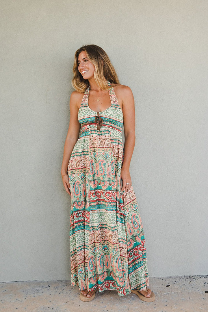 Halter Tie Front Maxi Dress - Multi - Jaffi's