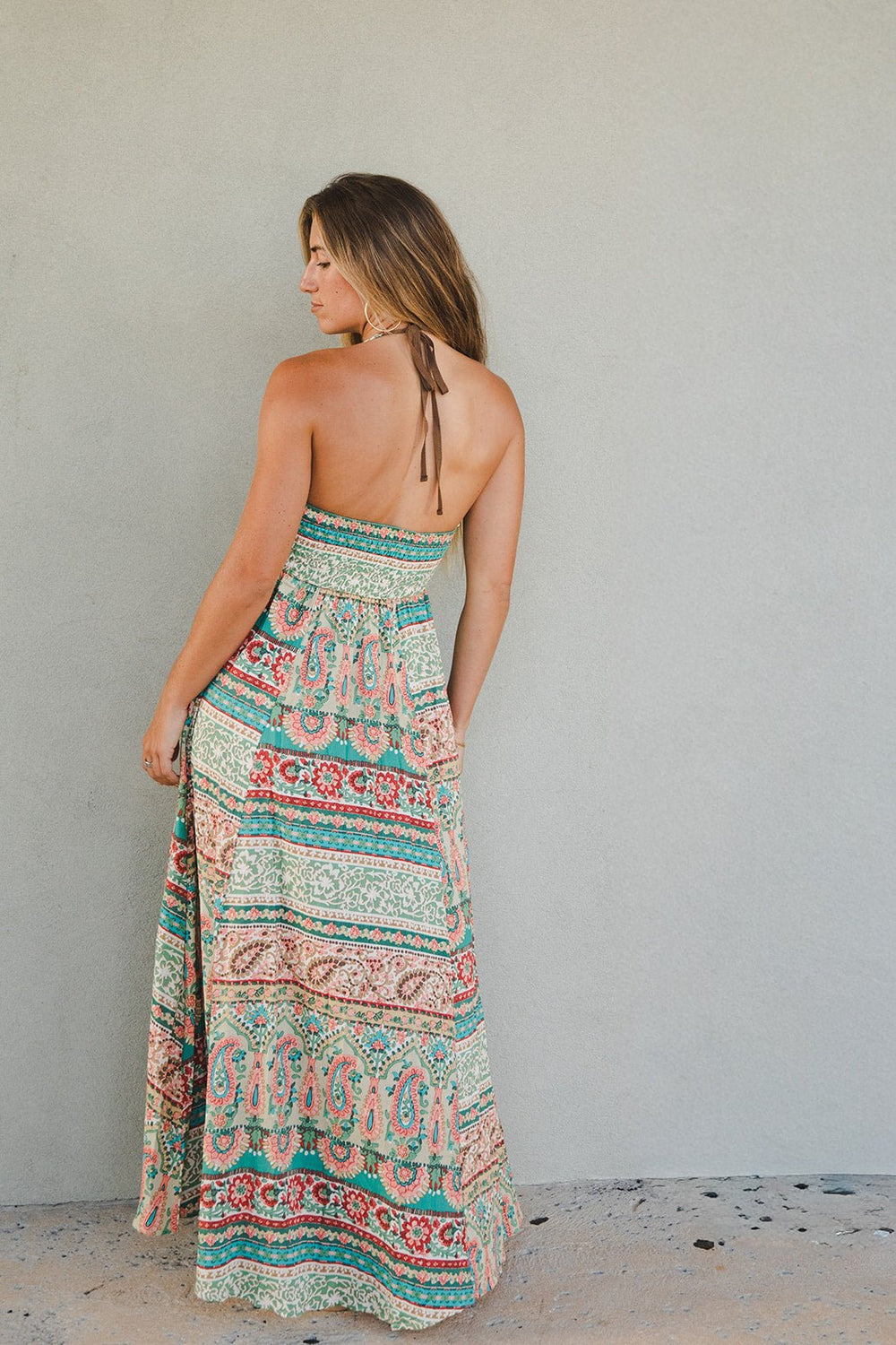 Halter Tie Front Maxi Dress - Multi - Jaffi's