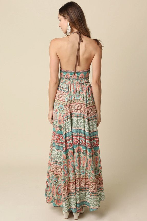 Halter Tie Front Maxi Dress - Multi - Jaffi's