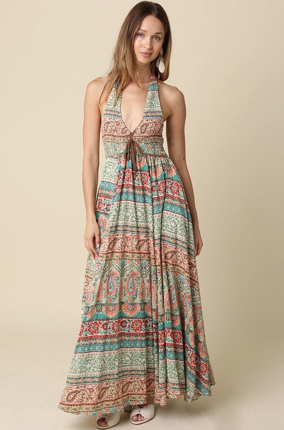 Halter Tie Front Maxi Dress - Multi - Jaffi's