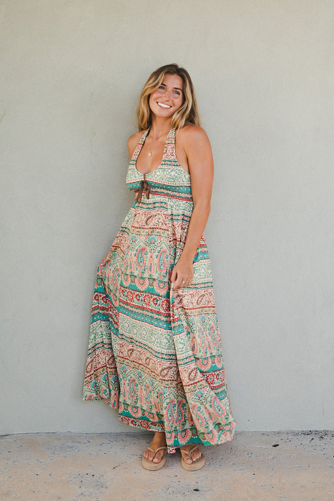 Halter Tie Front Maxi Dress - Multi - Jaffi's