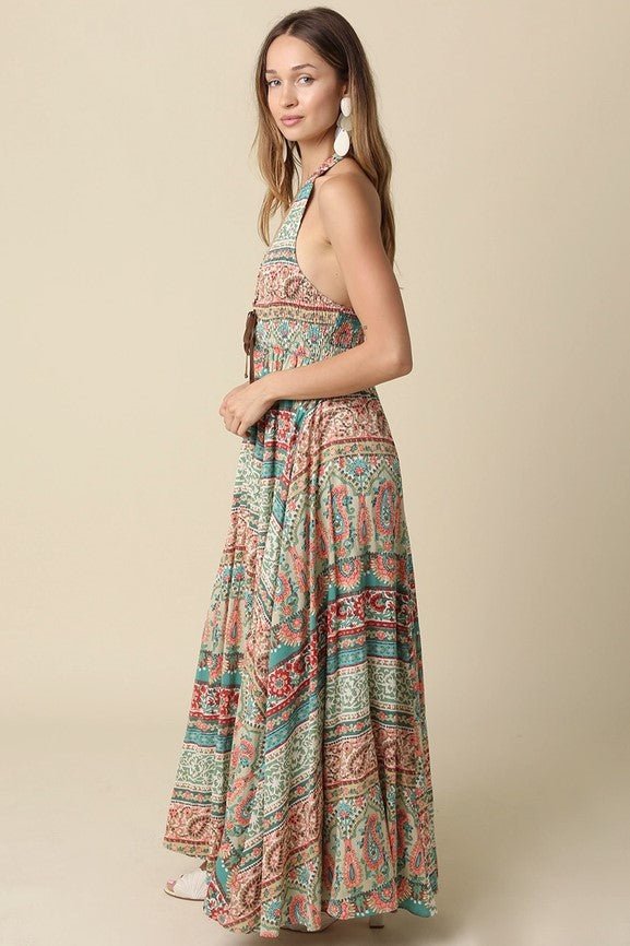 Halter Tie Front Maxi Dress - Multi - Jaffi's