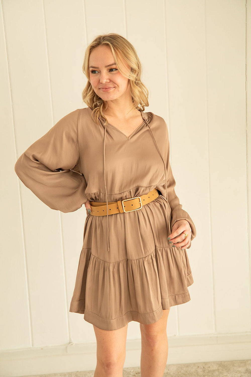 Heather Satin Dress - Mocha - Jaffi's