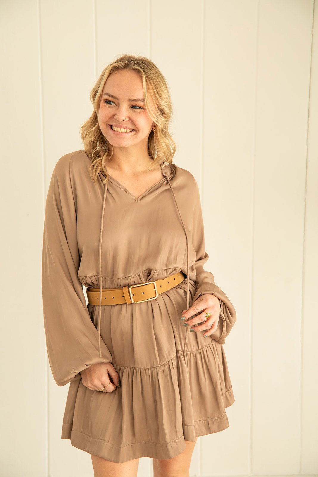 Heather Satin Dress - Mocha - Jaffi's